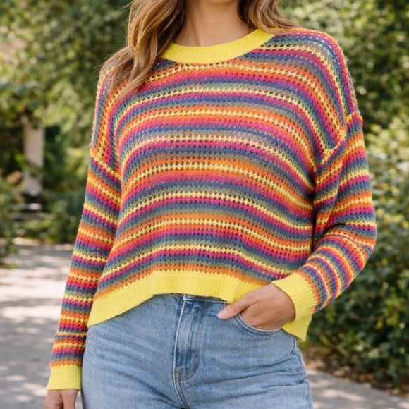 ADORA Sweaters - Adora Rainbow Crochet‎ Knit Sweater M Mesh Striped Neon Colorful Lgbtq+ Pride